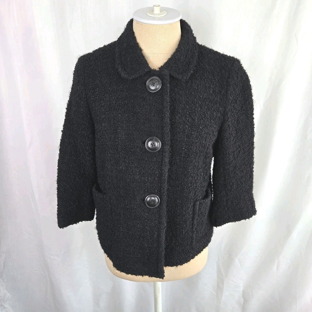 J.Crew Womens Jacket Black Boucle Wool Blend Size 8 Button Front Pockets Coat